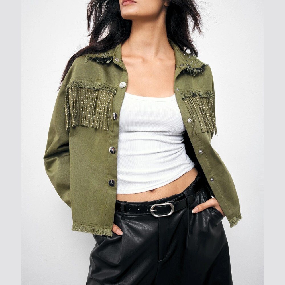 Olive Green Studded Fringe Cropped Snap Button Blouson Jacket w/ Frayed Collar